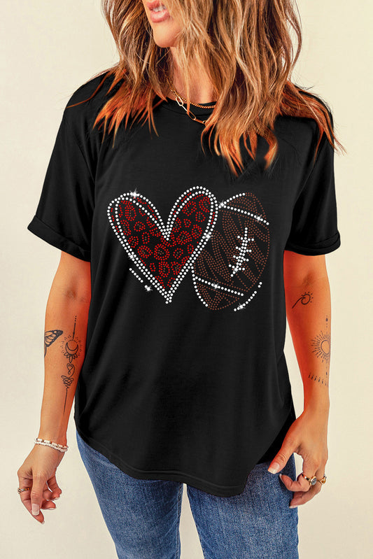Rhinestone Round Neck Short Sleeve T-Shirt-Angel Casuals