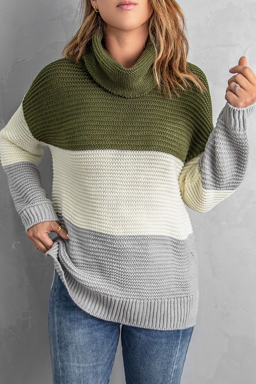 Color Block Turtleneck Long Sleeve Sweater-Angel Casuals