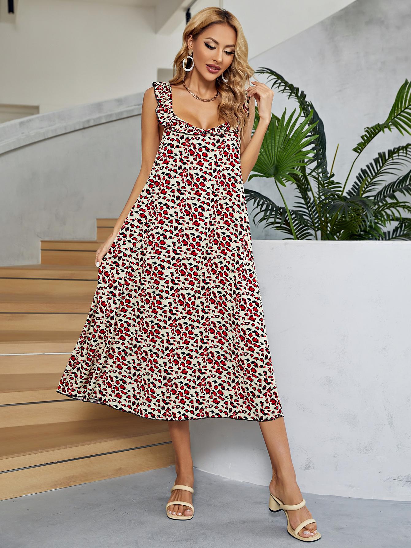 Printed Ruffled Sleeveless Midi Dress-Angel Casuals