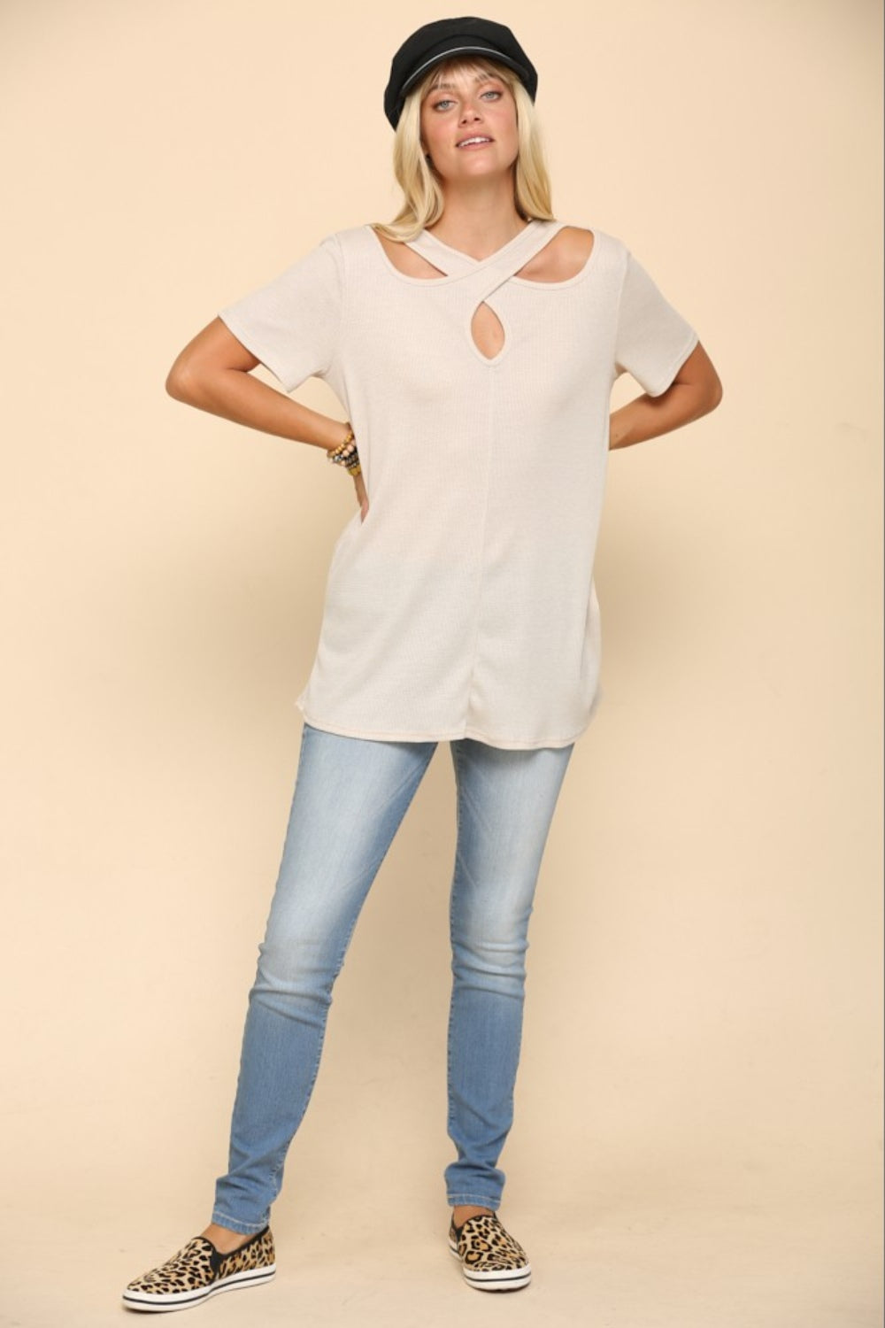 Celeste Full Size Crisscross Cutout Short Sleeve T-Shirt-Angel Casuals