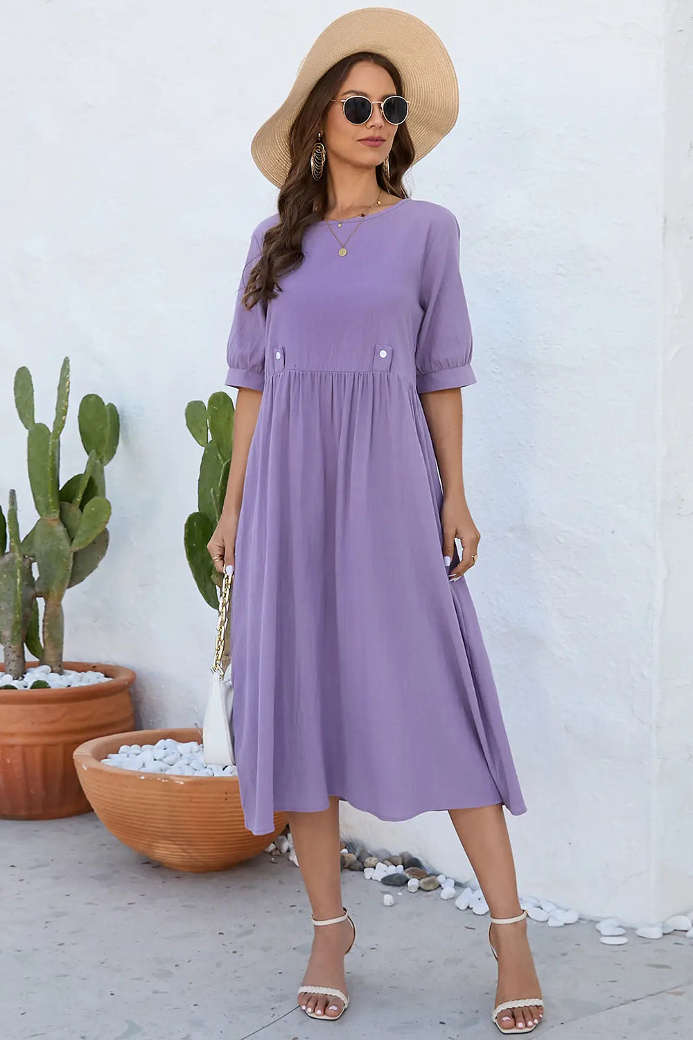 Decorative Button Round Neck Half Sleeve Dress-Angel Casuals