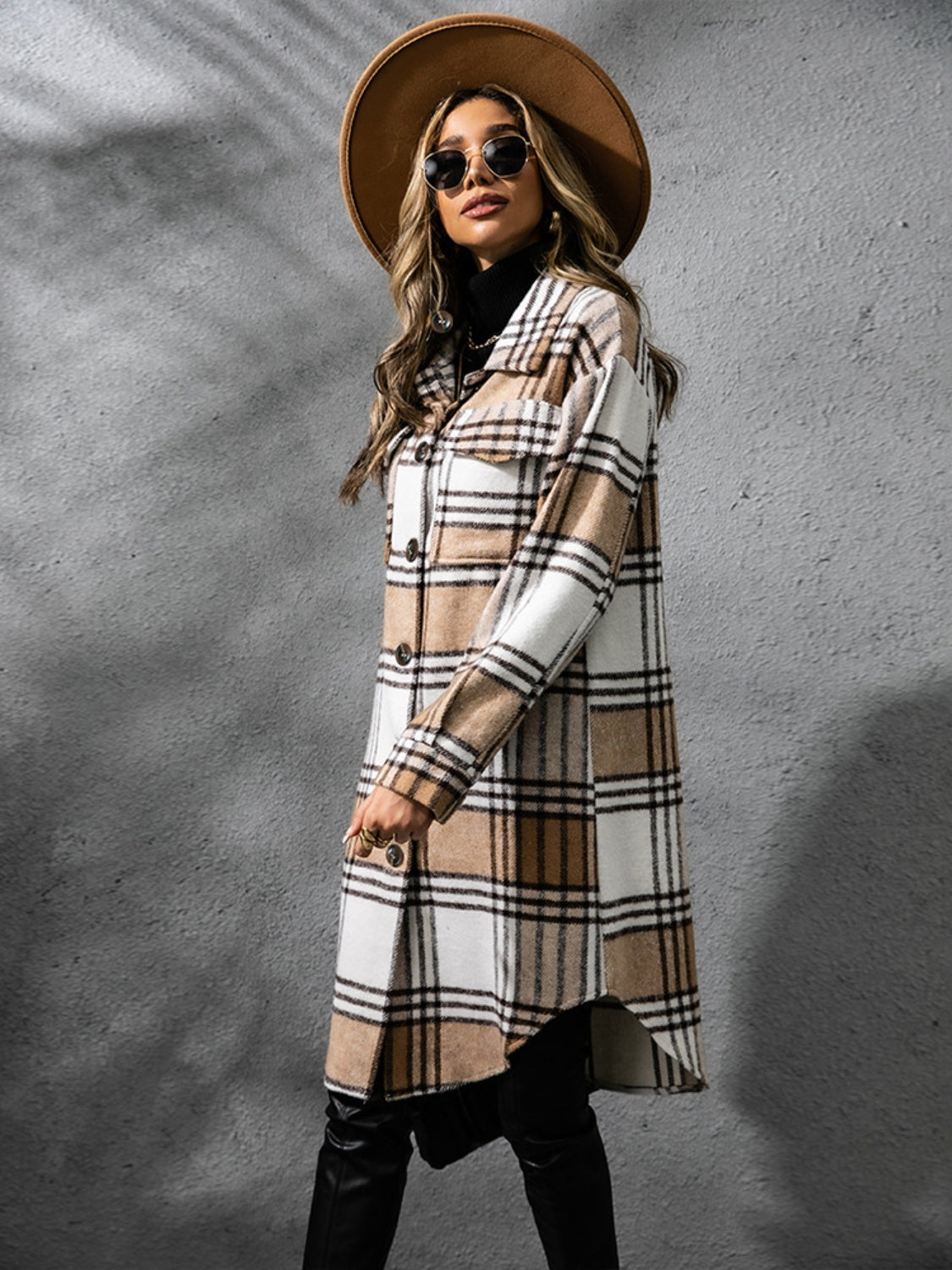 Plaid Collared Neck Long Sleeve Coat-Angel Casuals