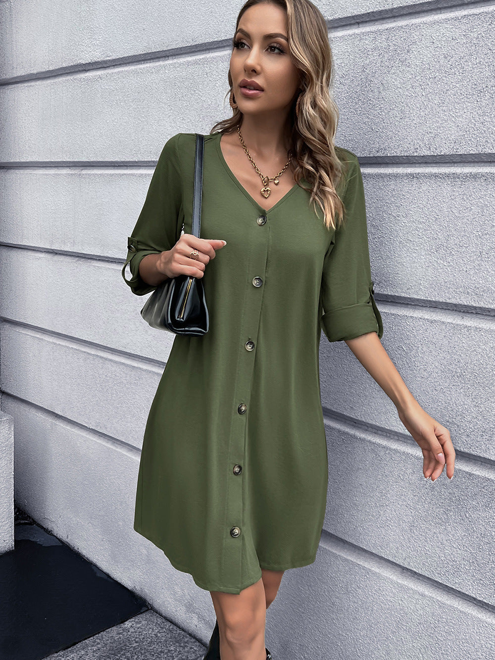 Button Down V-Neck Mini Dress-Angel Casuals