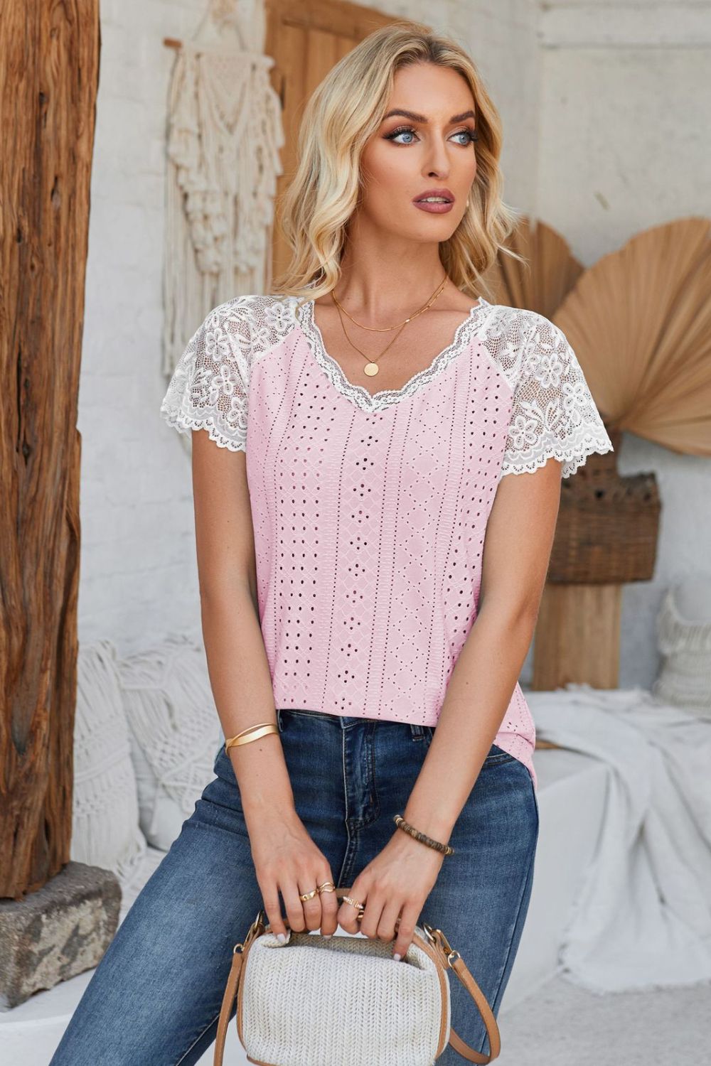 Eyelet V-Neck Lace Short Sleeve T-Shirt-Angel Casuals