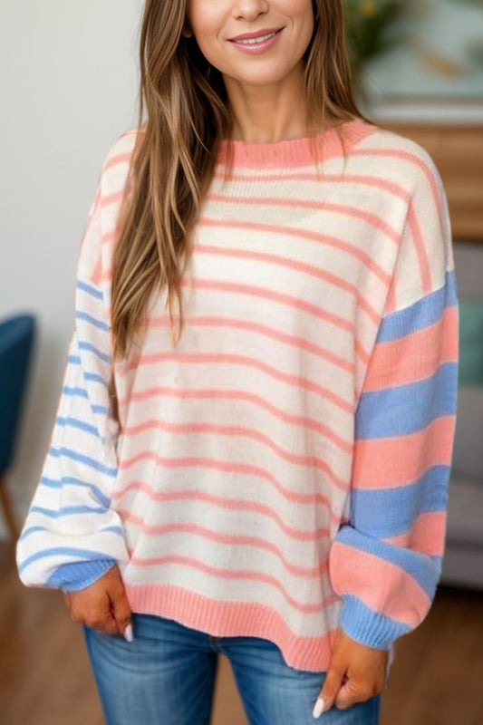 Contrast Striped Round Neck Long Sleeve Sweater-Angel Casuals