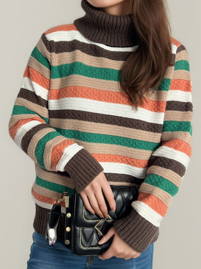 Contrast Stripes Turtleneck Long Sleeve Sweater-Angel Casuals