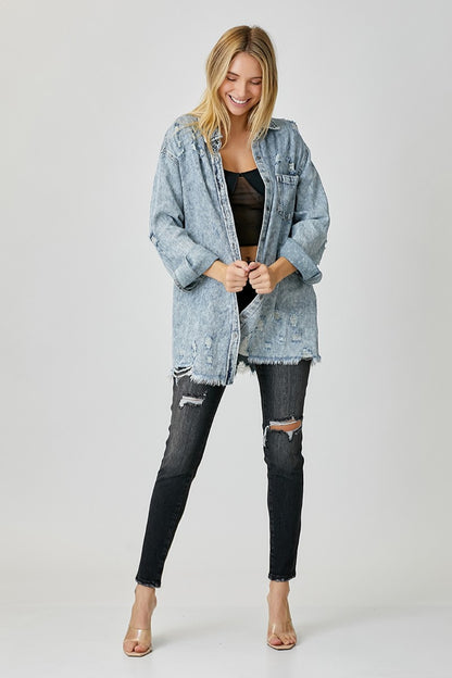 RISEN Distressed Raw Hem Denim Shirt-Angel Casuals