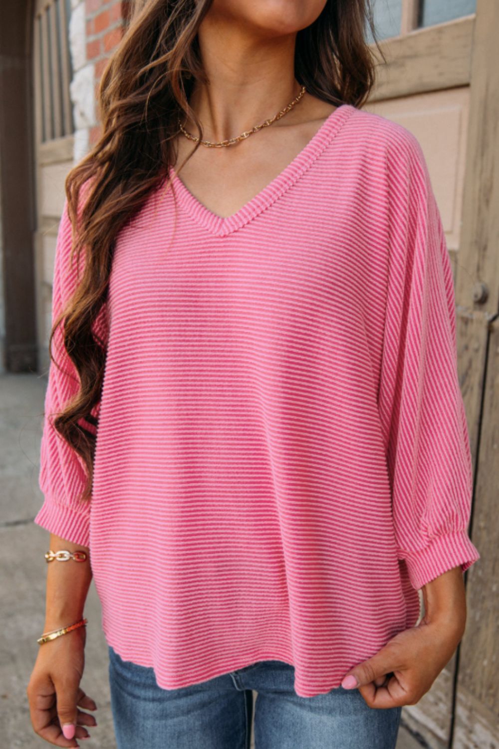 Texture V-Neck Long Sleeve Top-Angel Casuals