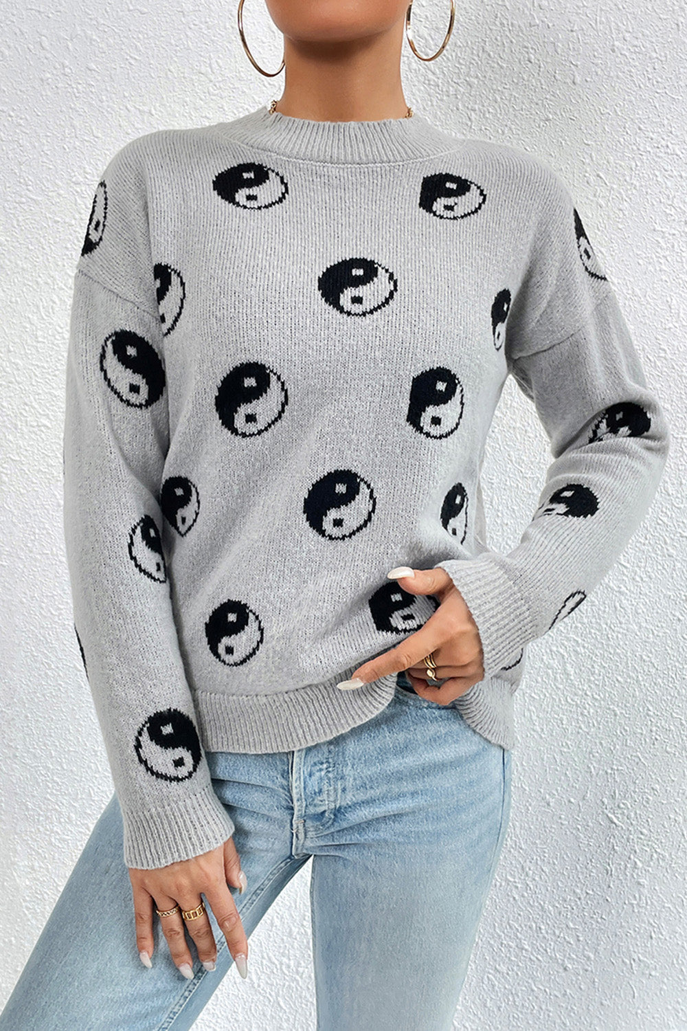 Graphic Mock Neck Dropped Shoulder Sweater-Angel Casuals