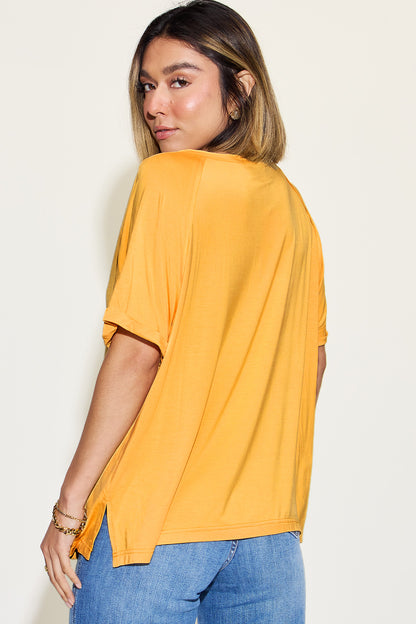 Basic Bae Full Size Bamboo Slit V-Neck Short Sleeve T-Shirt-Angel Casuals