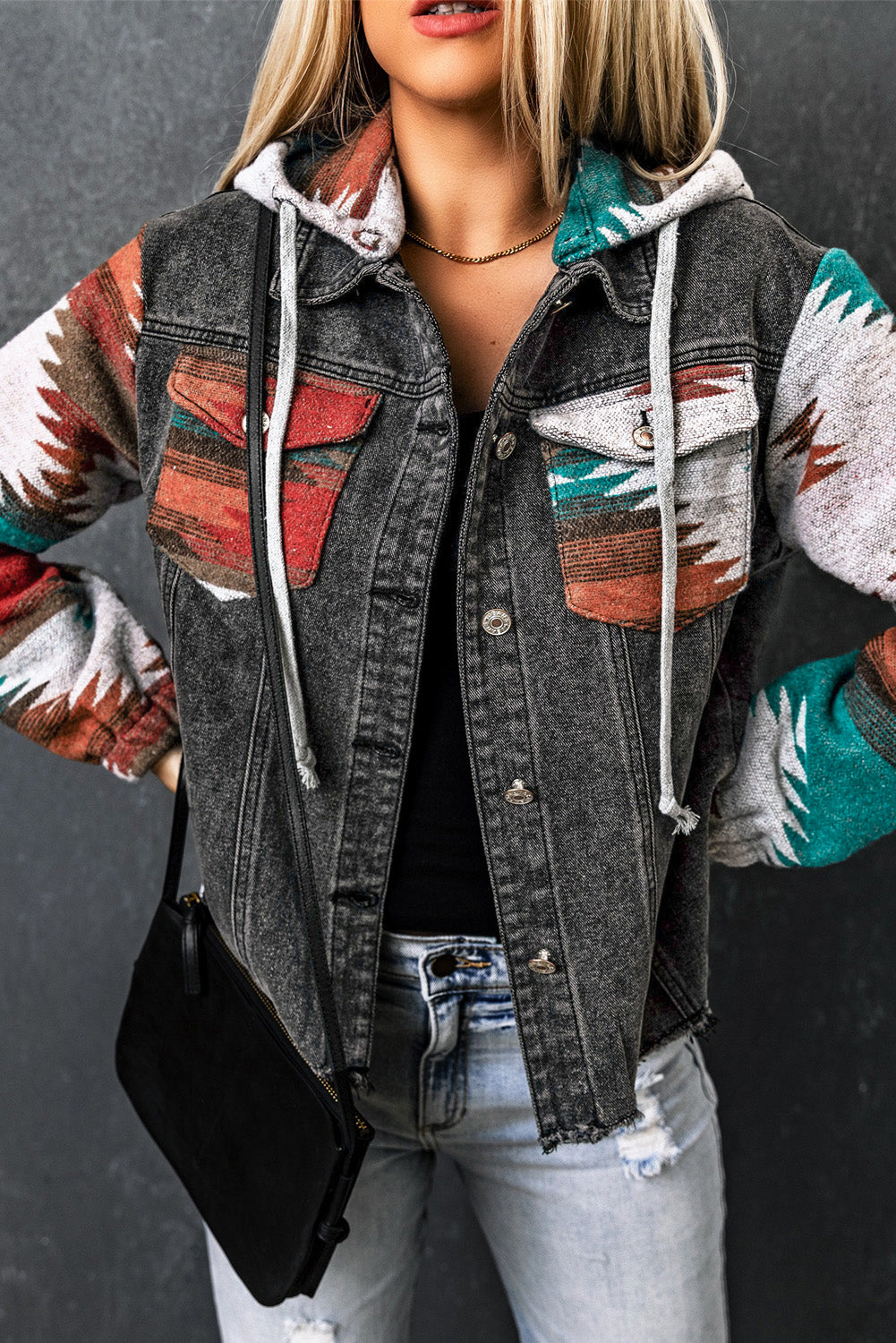 Drawstring Hooded Pocketed Denim Jacket-Angel Casuals
