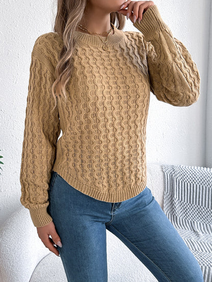 Asymmetric Hem Round Neck Long Sleeve Sweater-Angel Casuals