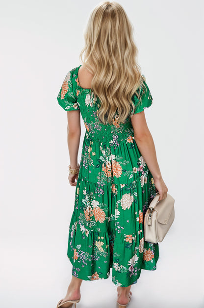 Smocked Printed Puff Sleeve Midi Dress-Angel Casuals