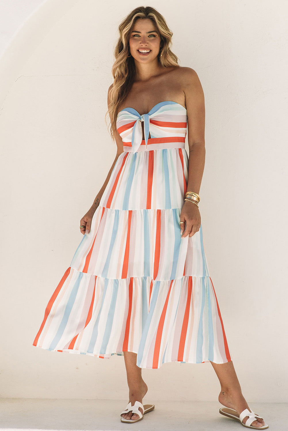 Striped Strapless Sweetheart Neck Dress-Angel Casuals