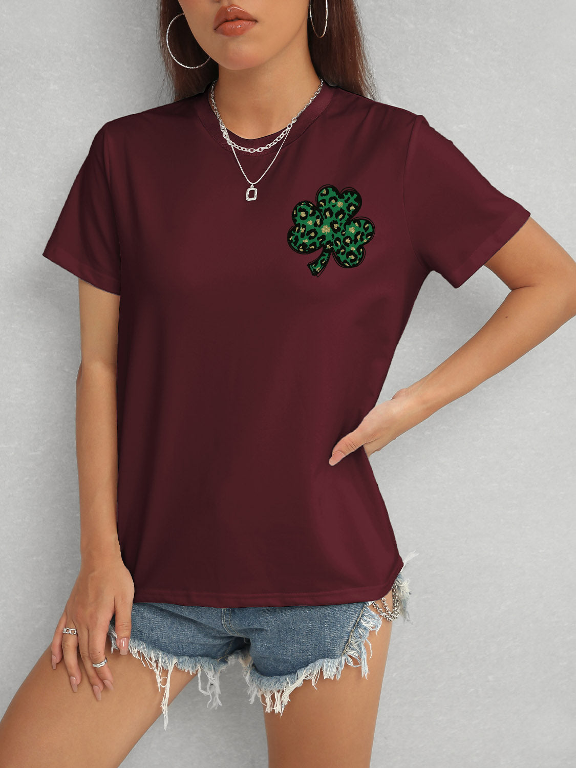 Lucky Clover Round Neck Short Sleeve T-Shirt-Angel Casuals