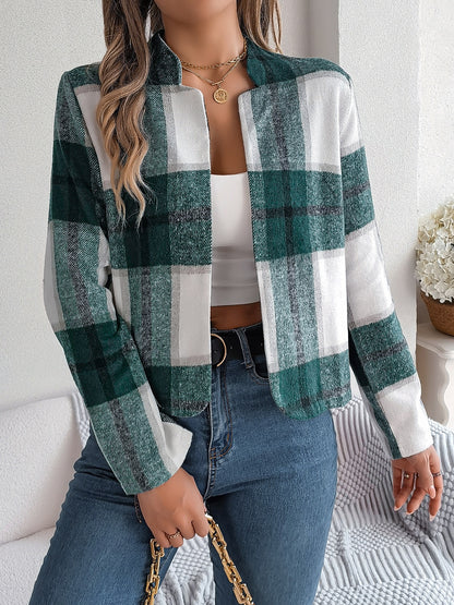 Plaid Open Front Long Sleeve Jacket-Angel Casuals