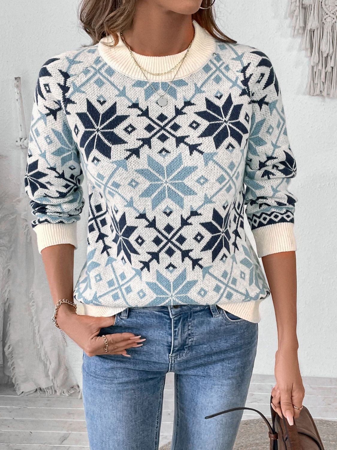 Perfee Graphic Round Neck Long Sleeve Sweater-Angel Casuals