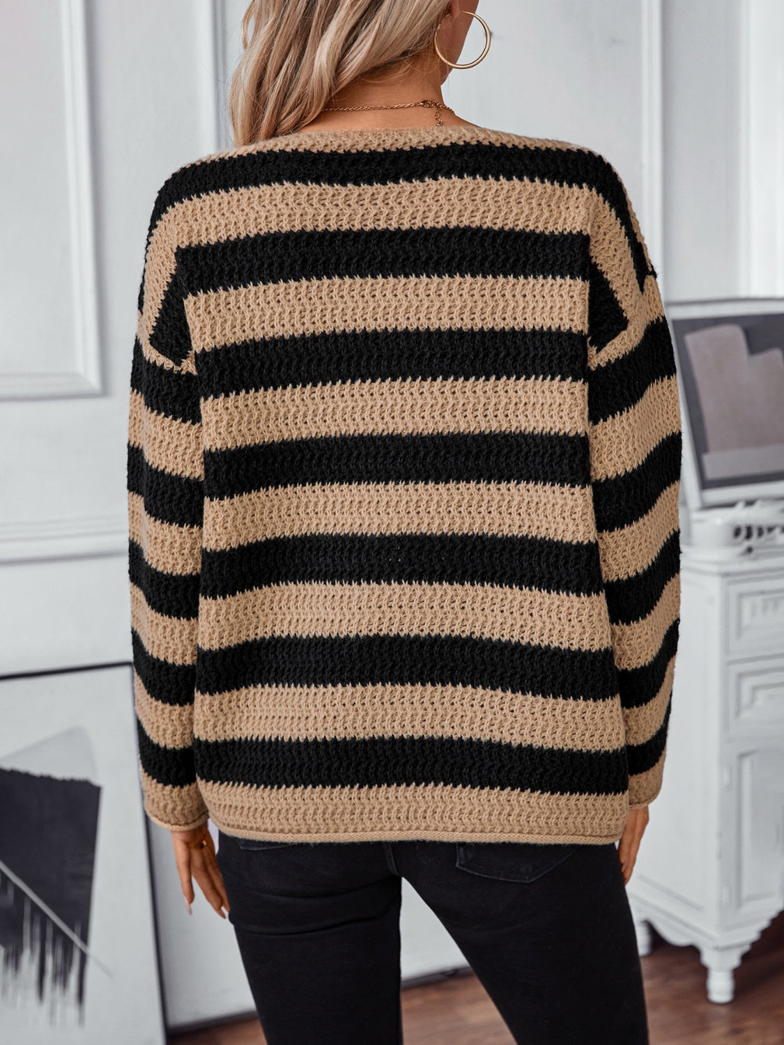 Striped Dropped Shoulder Long Sleeve Sweater-Angel Casuals