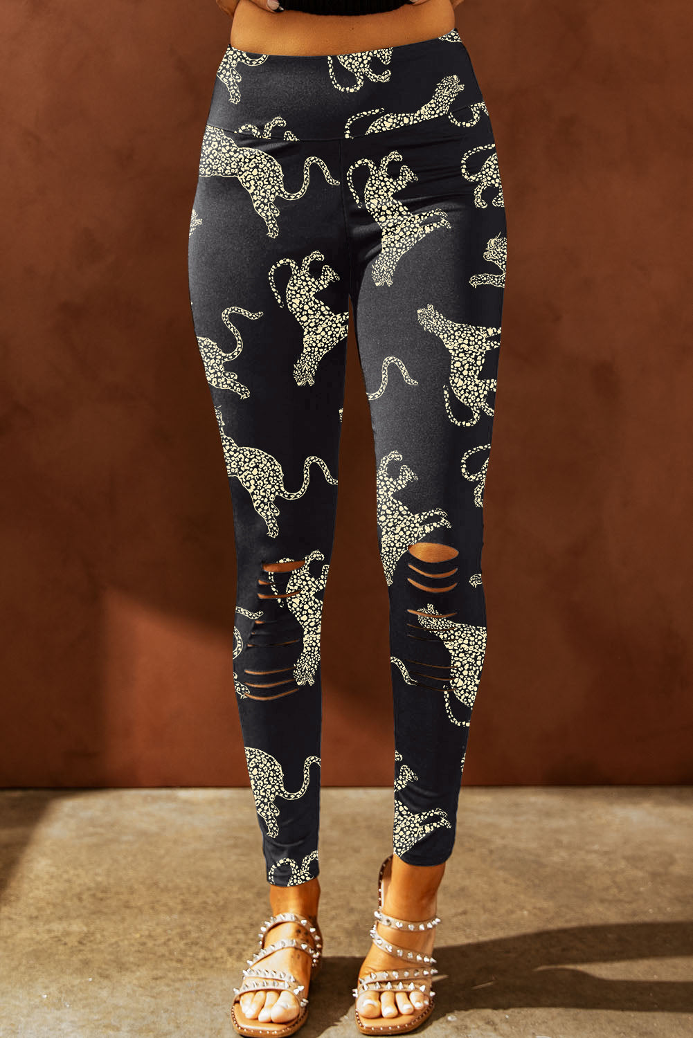 Animal Printed Distressed High Waist Leggings-Angel Casuals