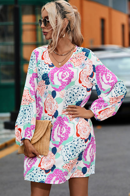 Floral V-Neck Long Sleeve Dress-Angel Casuals