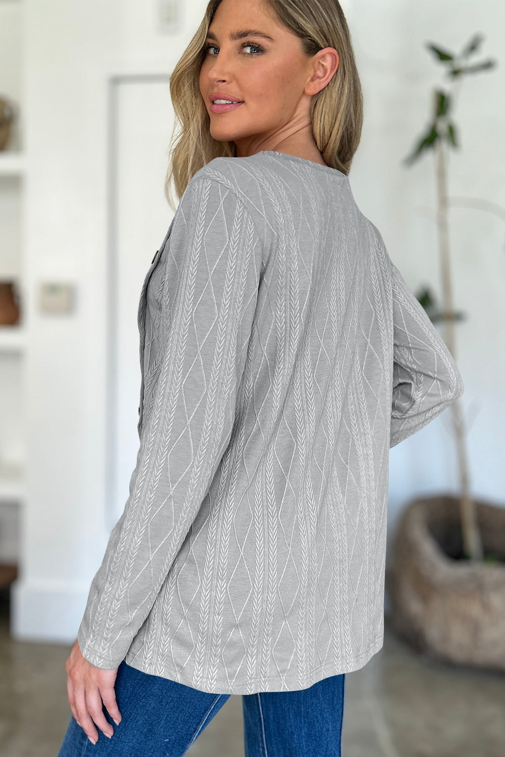 FAM-FAM Slit Round Neck Long Sleeve T-Shirt-Angel Casuals