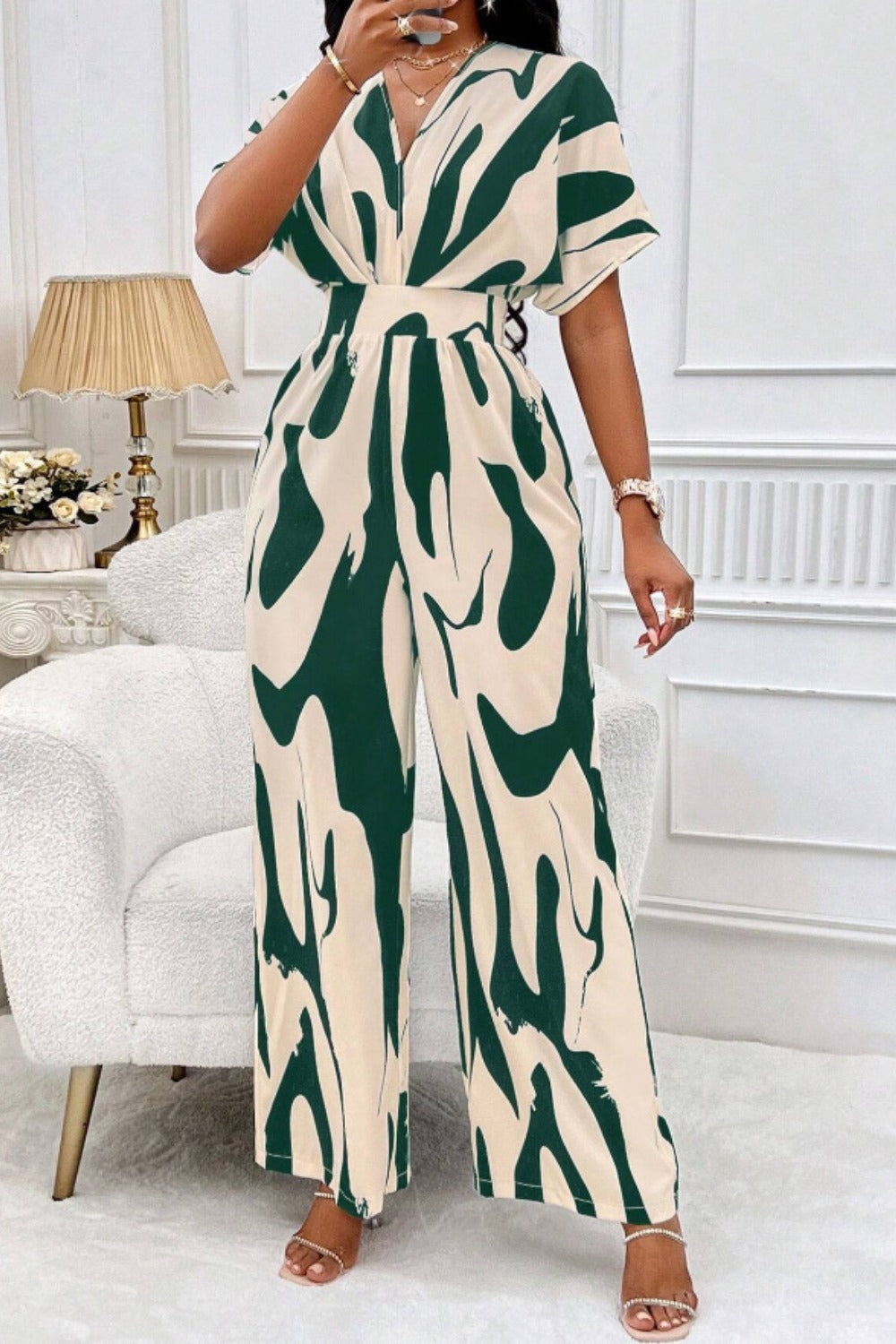 Printed V-Neck Short Sleeve Wide Leg Jumpsuit-Angel Casuals