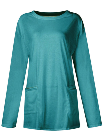 Full Size Pocketed Round Neck Long Sleeve T-Shirt-Angel Casuals