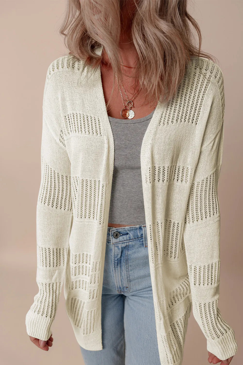 Openwork Open Front Long Sleeve Cardigan-Angel Casuals