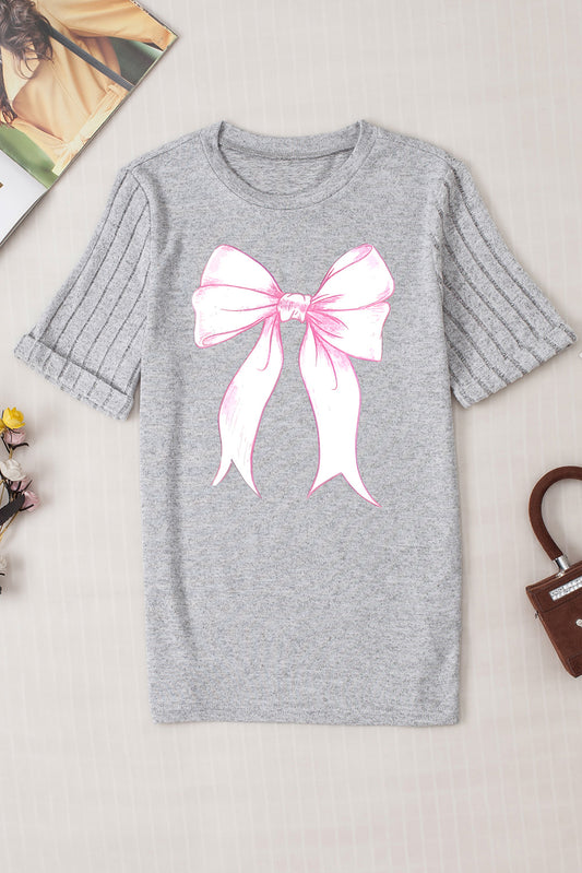 Bow Graphic Round Neck Short Sleeve T-Shirt-Angel Casuals