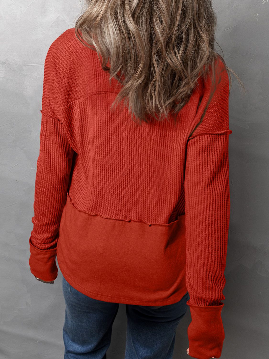Waffle-Knit Notched Long Sleeve T-Shirt-Angel Casuals