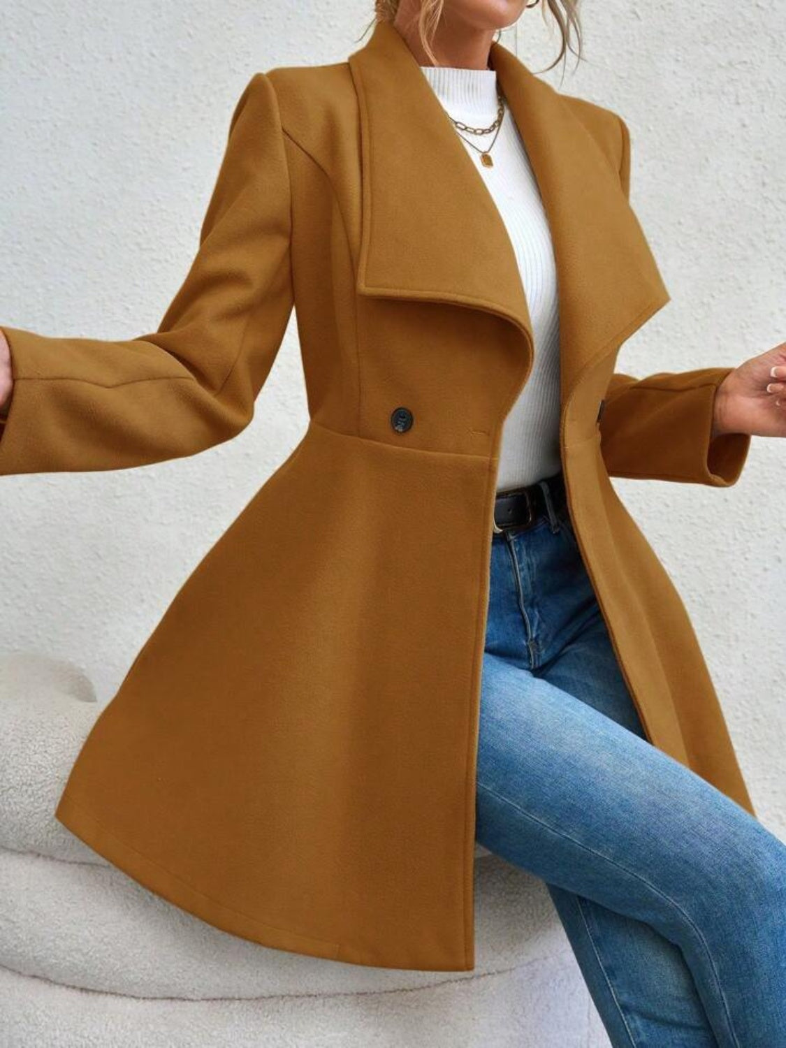 Collared Neck Button Up Long Sleeve Coat-Angel Casuals