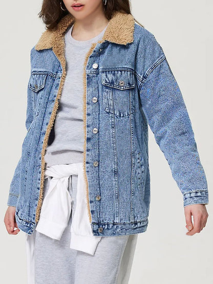 Button Up Collared Neck Plush Denim Jacket-Angel Casuals