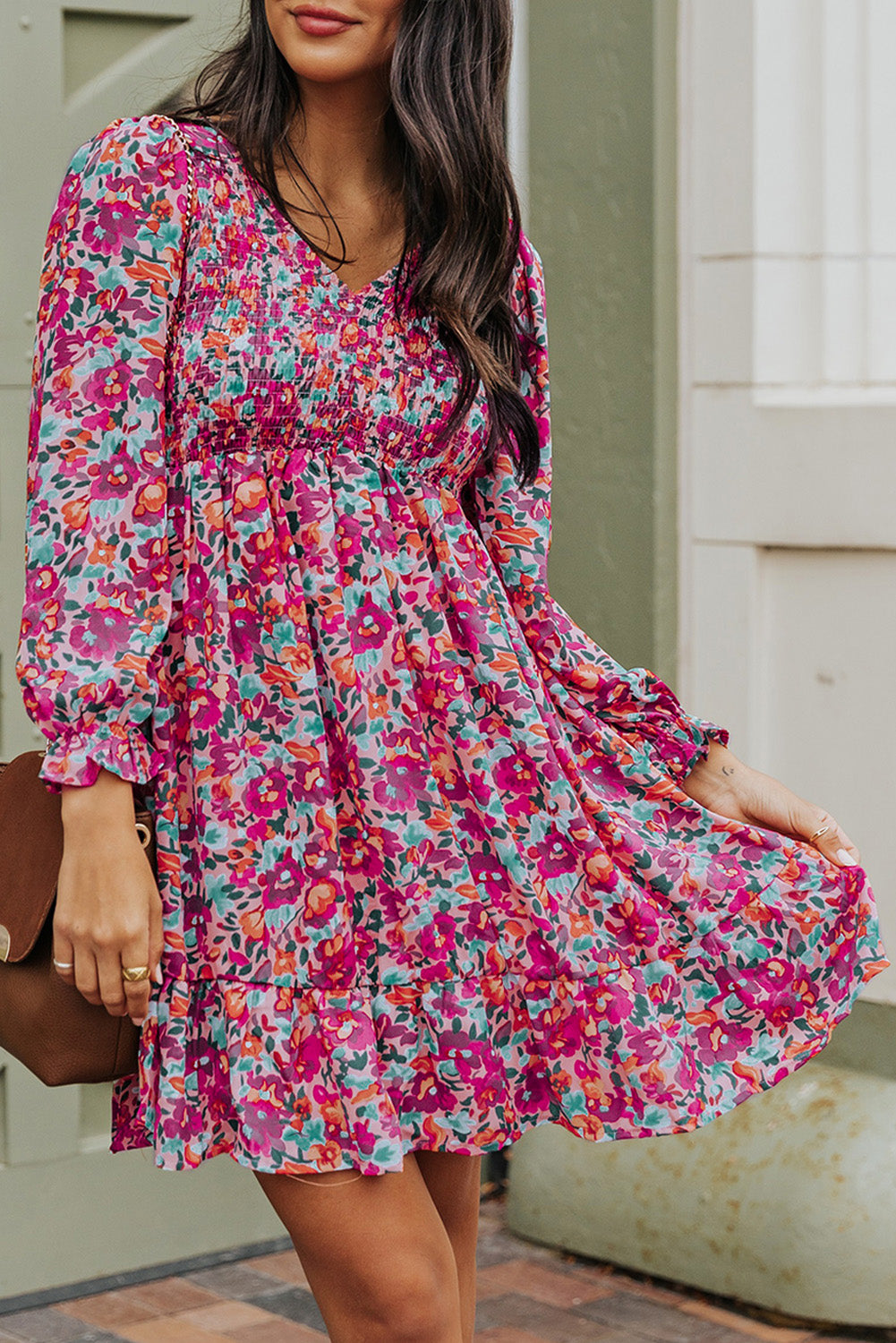 Floral Smocked V-Neck Flounce Sleeve Dress-Angel Casuals