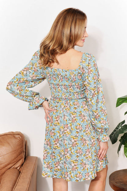 Floral Smocked Flounce Sleeve Square Neck Dress-Angel Casuals