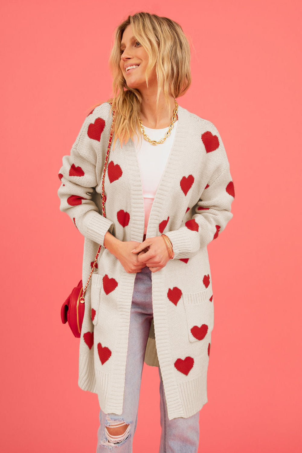 Heart Graphic Open Front Cardigan with Pockets-Angel Casuals