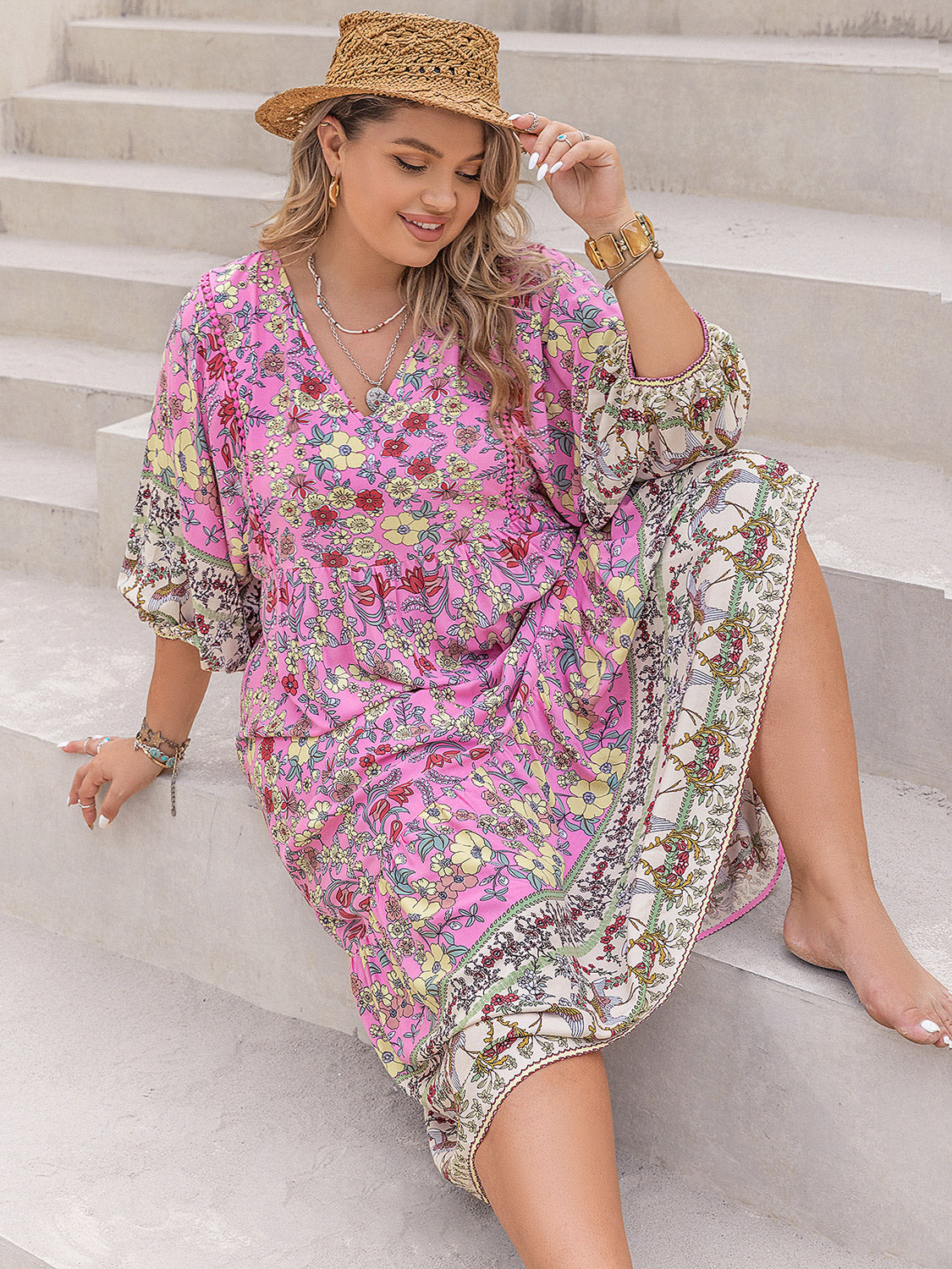 Plus Size Floral V-Neck Balloon Sleeve Midi Dress-Angel Casuals