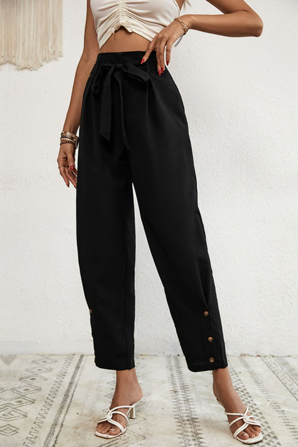 Buttoned Tie-Waist Cropped Pants-Angel Casuals