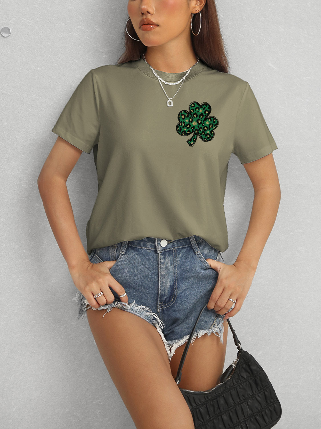 Lucky Clover Round Neck Short Sleeve T-Shirt-Angel Casuals