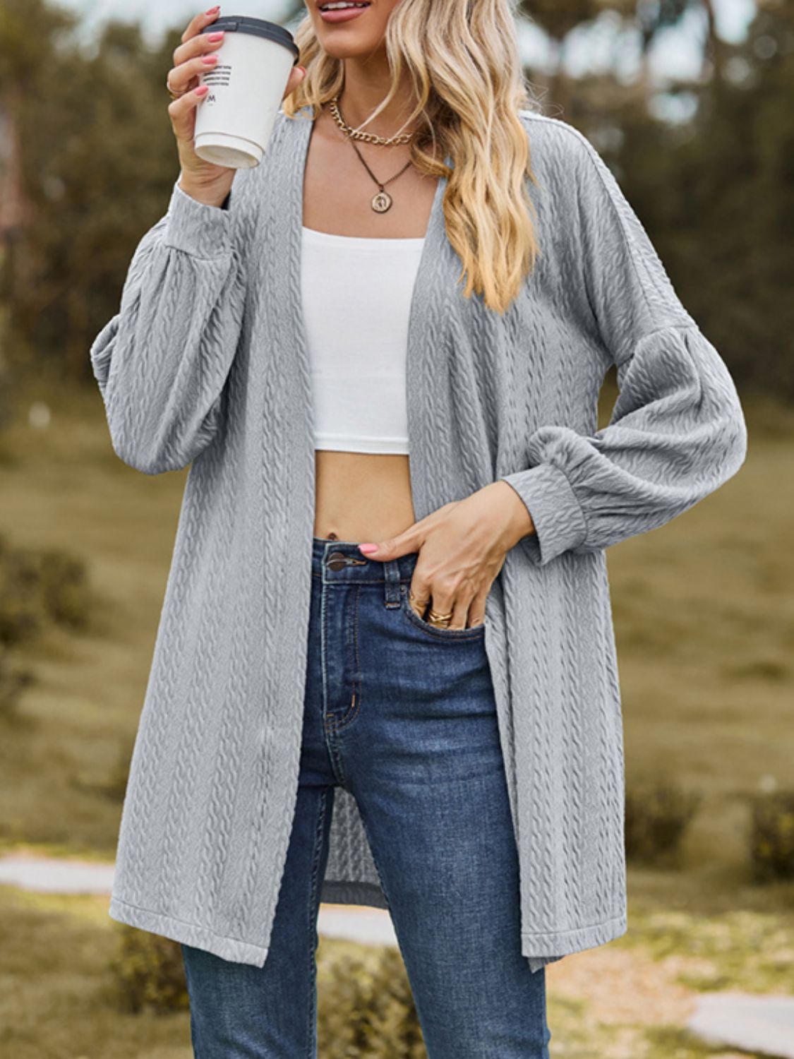 Textured Open Front Dropped Shoulder Cardigan-Angel Casuals