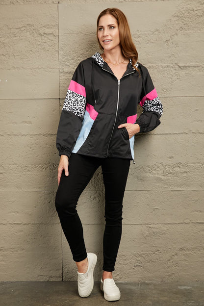 Double Take Leopard Color Block Zip-Up Hooded Jacket-Angel Casuals