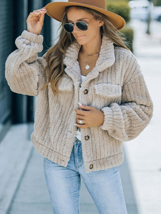 Fuzzy Button Up Collared Neck Jacket-Angel Casuals
