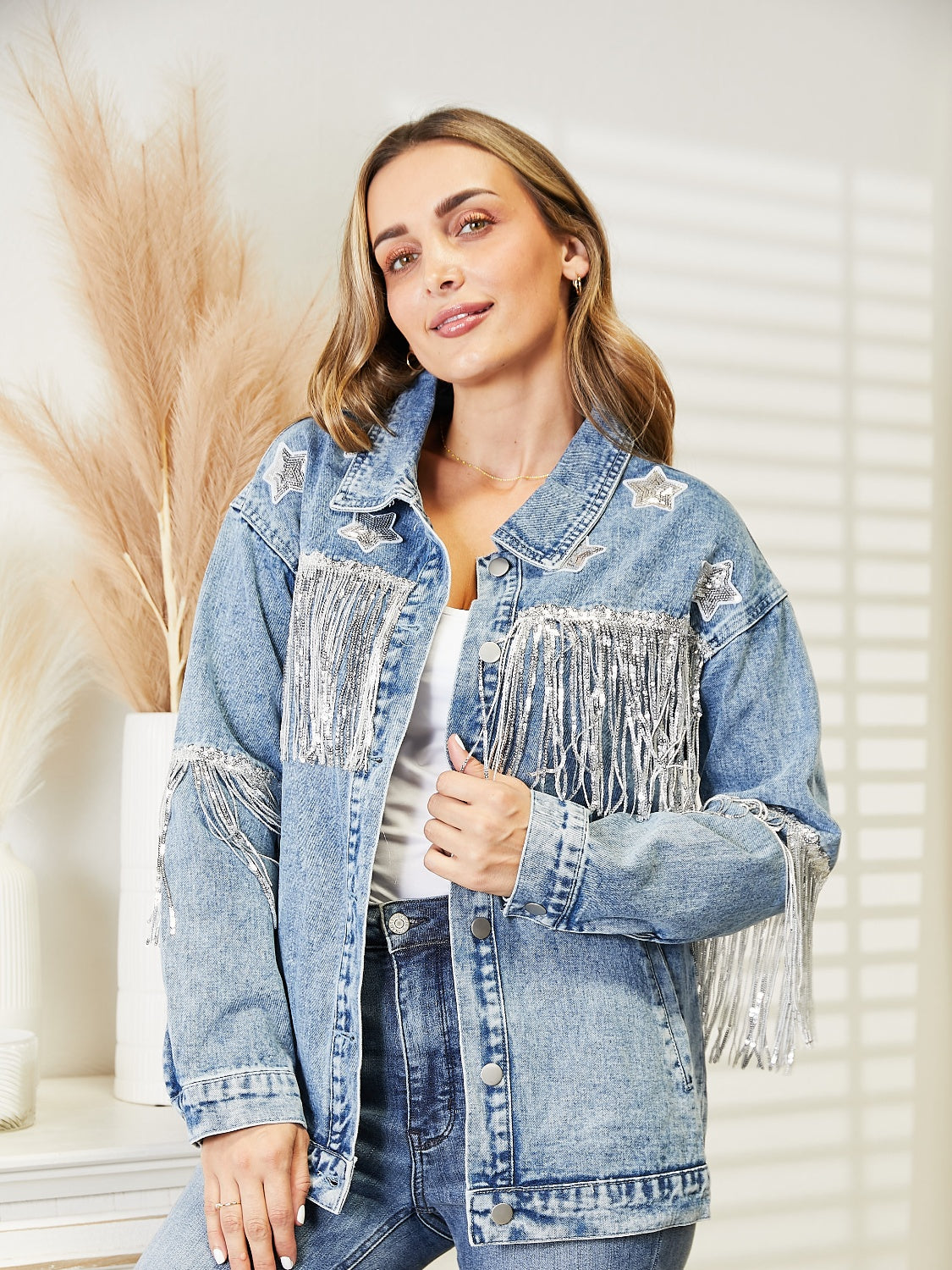 Fringe Detail Long Sleeve Denim Jacket-Angel Casuals