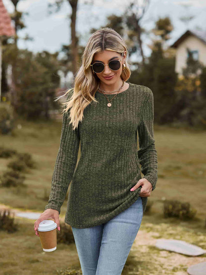 Ribbed Round Neck Long Sleeve Tee-Angel Casuals