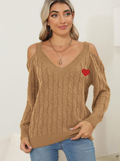 Cable-Knit Heart V-Neck Sweater-Angel Casuals