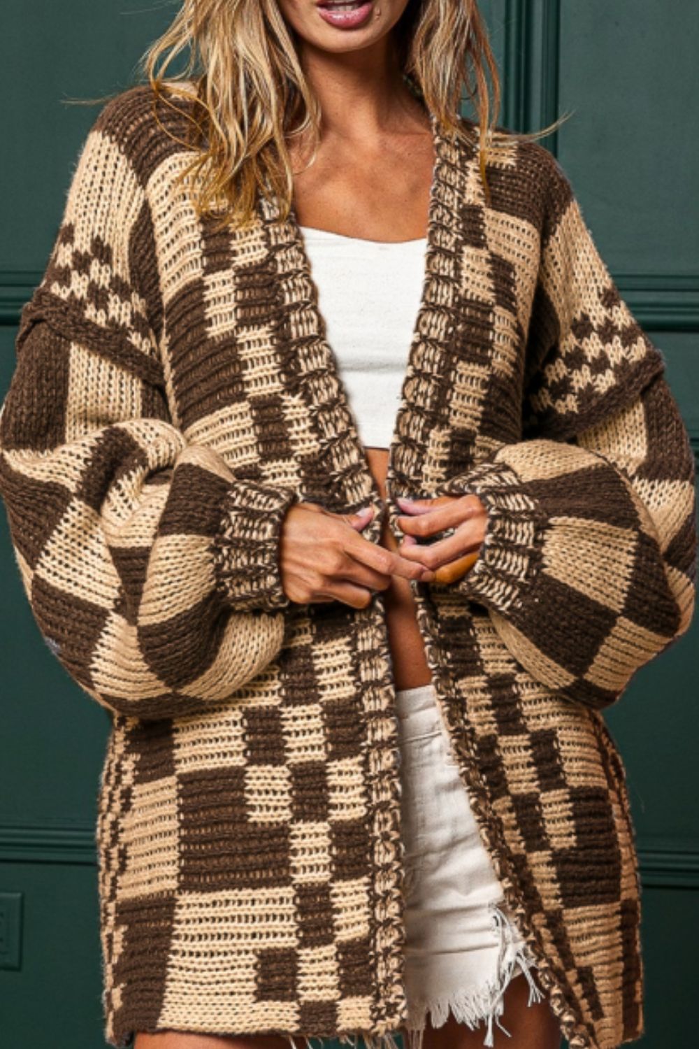 Checkered Open Front Long Sleeve Cardigan-Angel Casuals