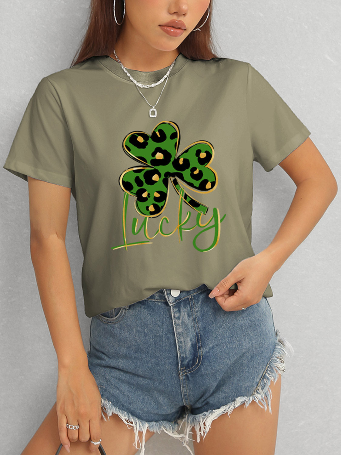 Lucky Clover Round Neck Short Sleeve T-Shirt-Angel Casuals