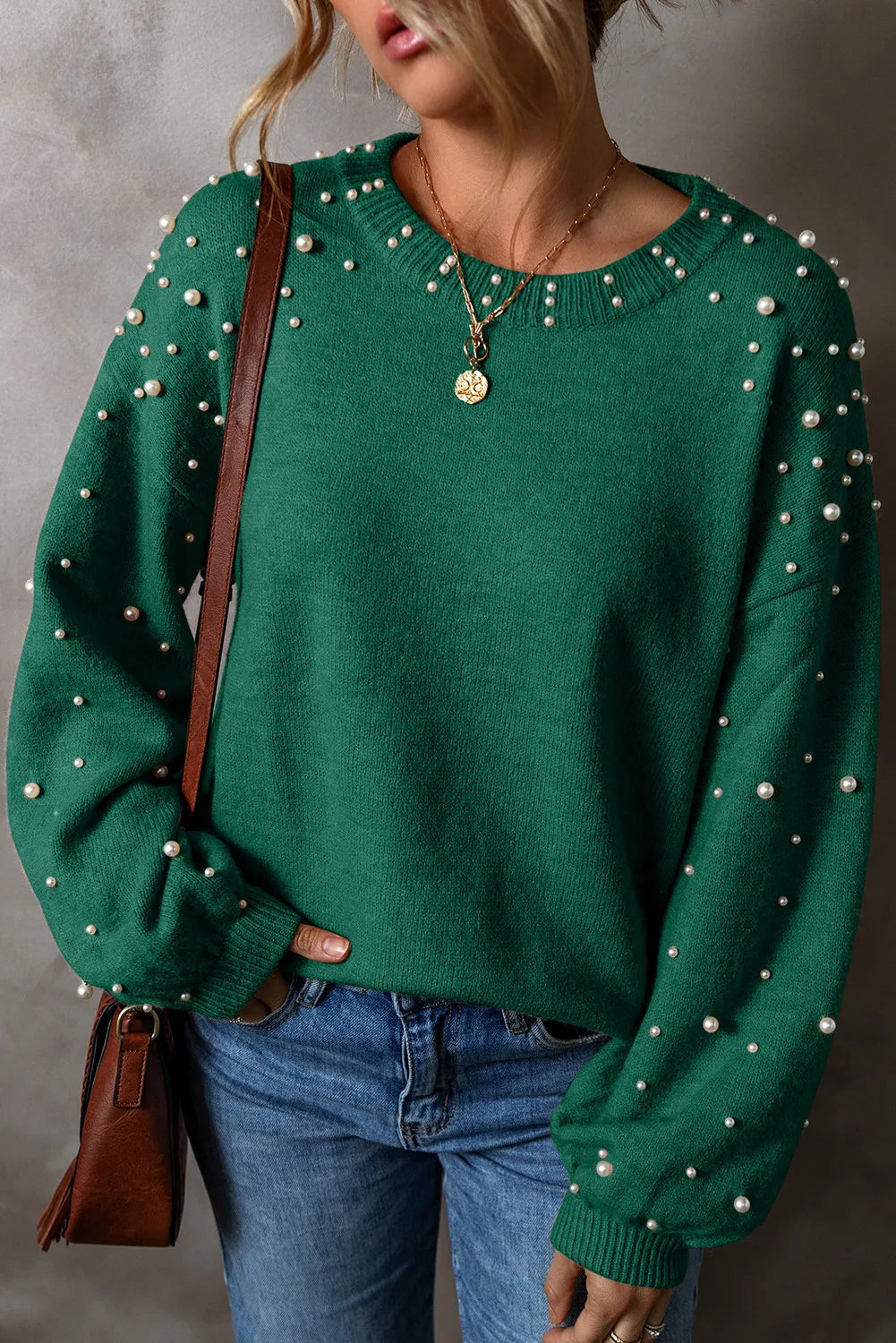 Pearl Detail Round Neck Long Sleeve Sweater-Angel Casuals