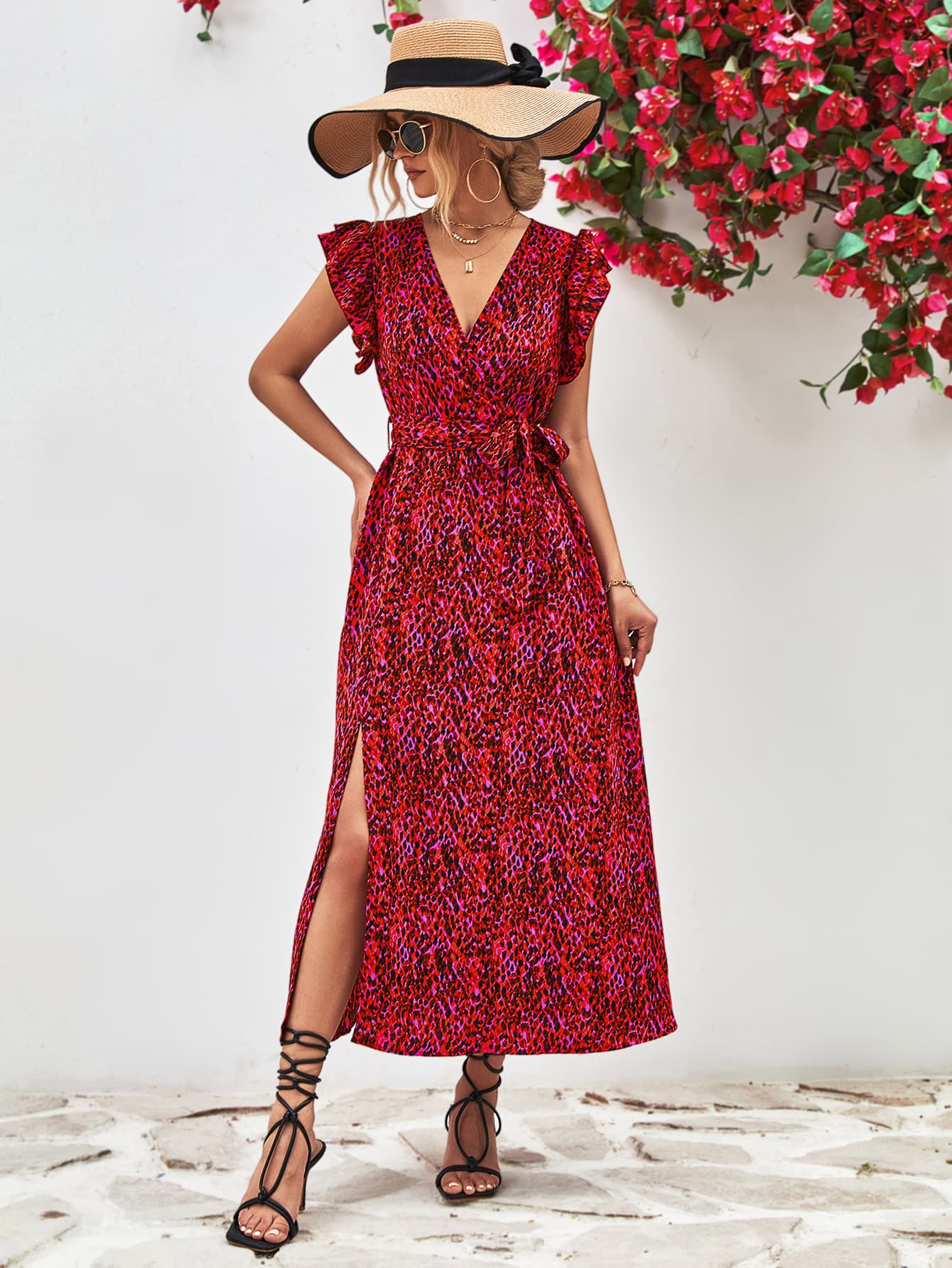 Printed Surplice Neck Flutter Sleeve Slit Dress-Angel Casuals