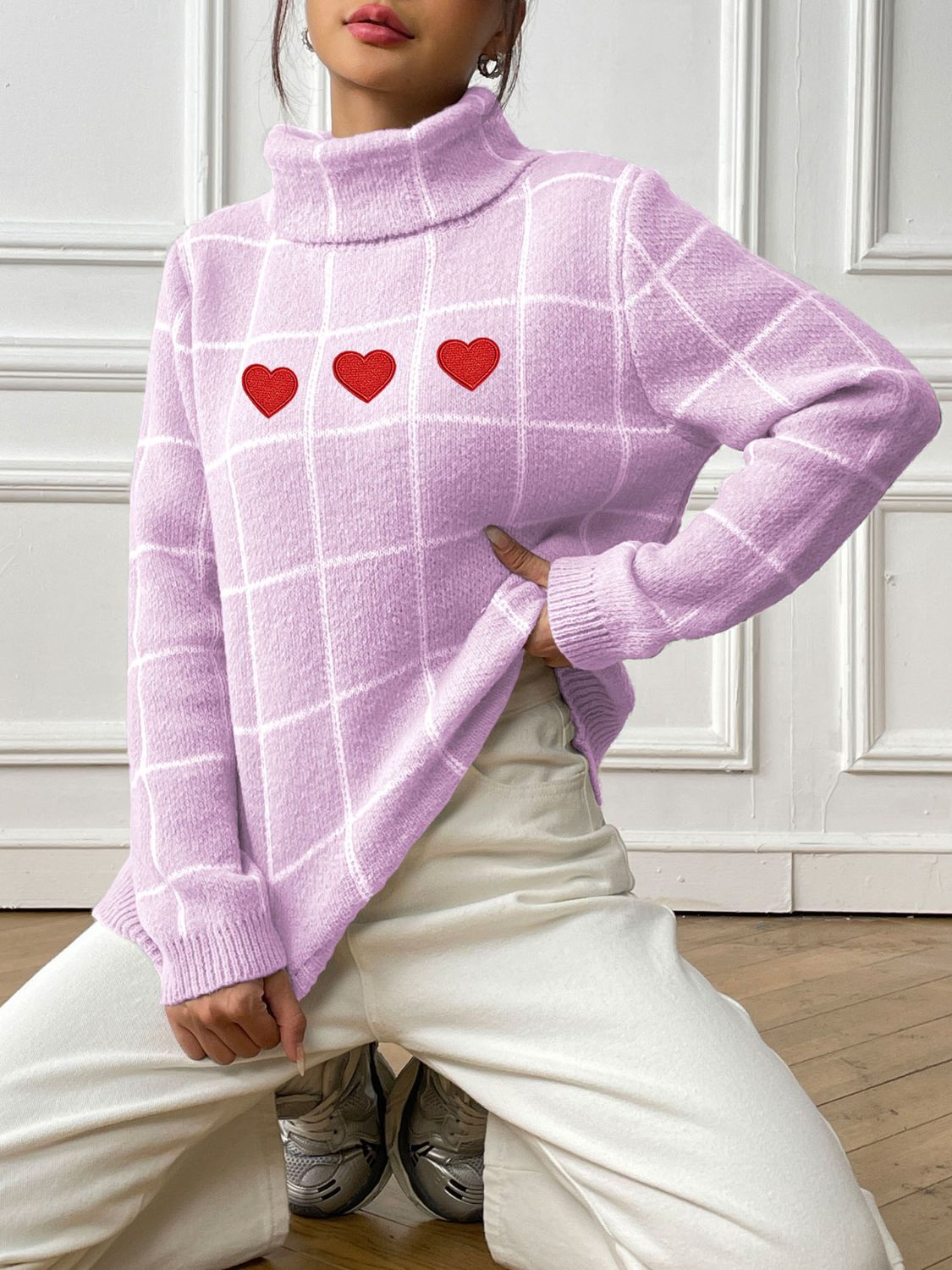 Heart Plaid Turtleneck Long Sleeve Sweater-Angel Casuals