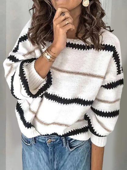 Contrast Striped Round Neck Long Sleeve Sweater-Angel Casuals